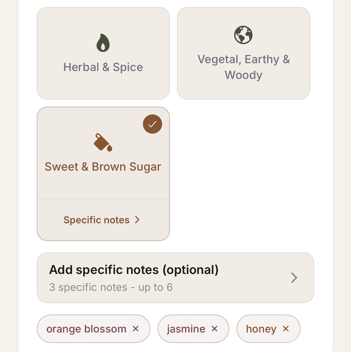 Chof flavour notes with Sweet & Brown Sugar selected and the specific notes orange blossom, jasmine and honey