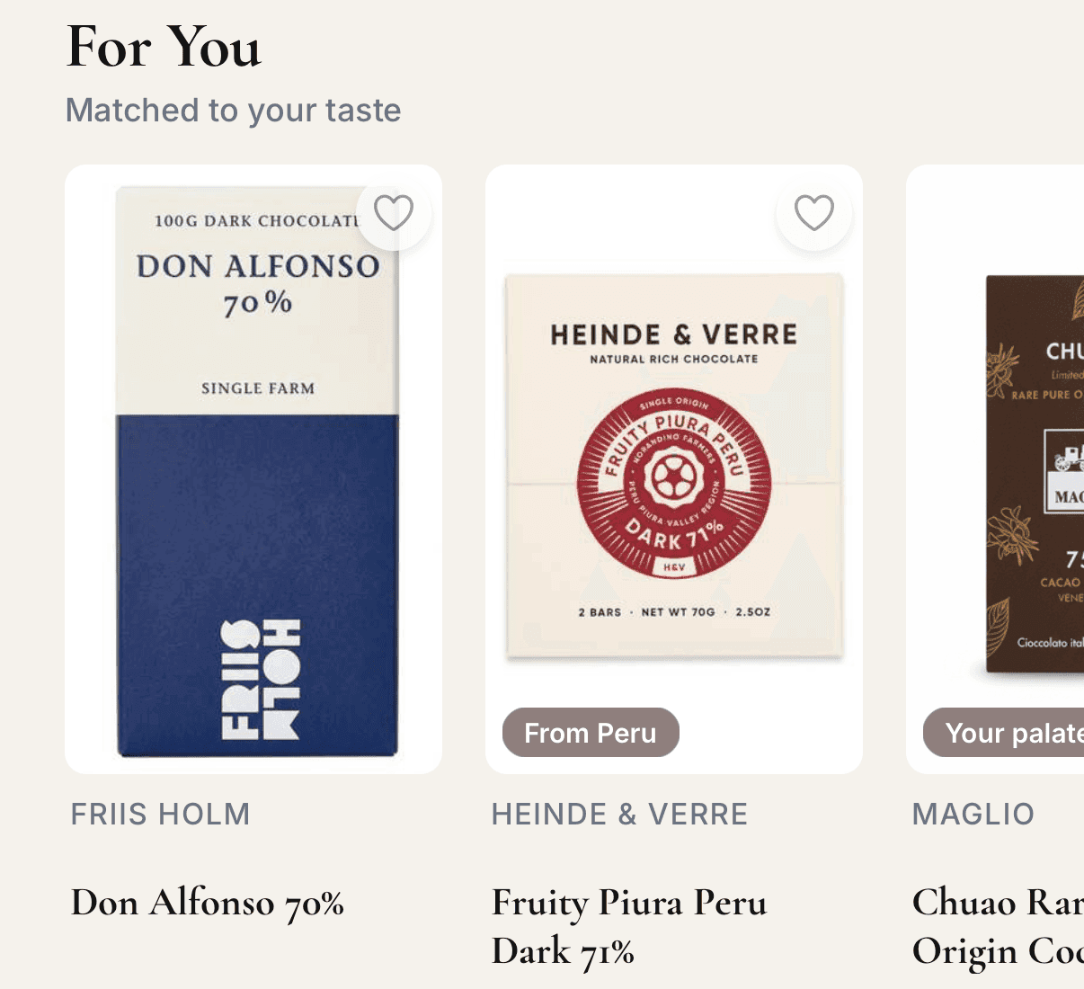 Chof For You lane, matched to your taste: Friis Holm Don Alfonso 70%, Heinde & Verre Fruity Piura Peru Dark 71% with a From Peru chip, and a Maglio bar with a Your palate chip