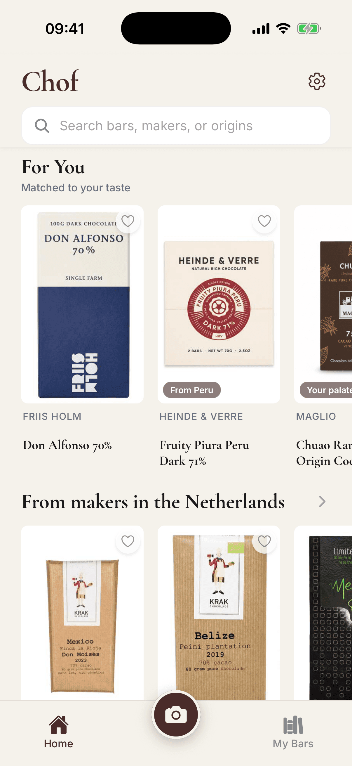 Chof home screen with For You, matched to your taste: Friis Holm Don Alfonso 70% and Heinde & Verre Fruity Piura Peru Dark 71%, above bars from makers in the Netherlands