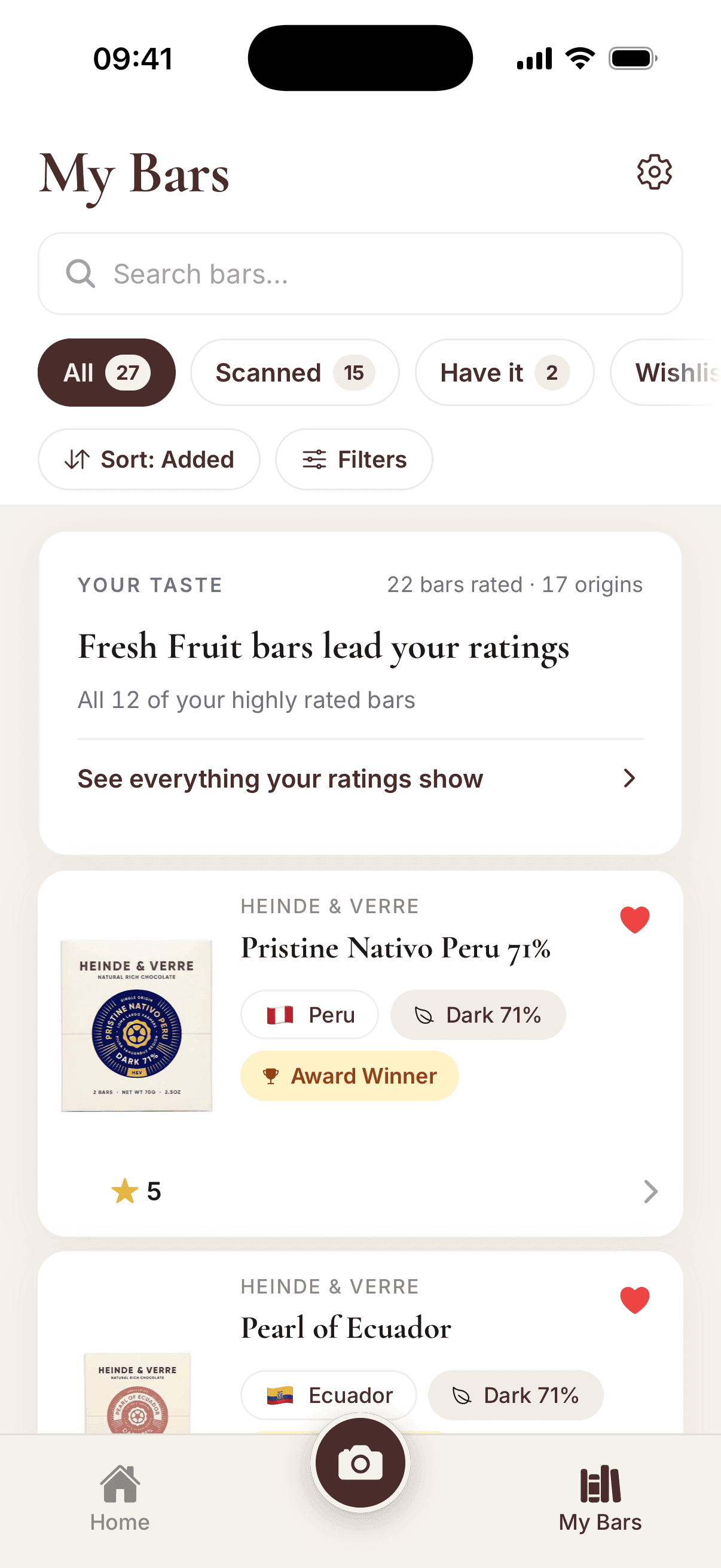 Chof My Bars library with 27 bars, a Your taste card reading "Fresh Fruit bars lead your ratings", and Heinde & Verre Pristine Nativo Peru 71% rated five stars