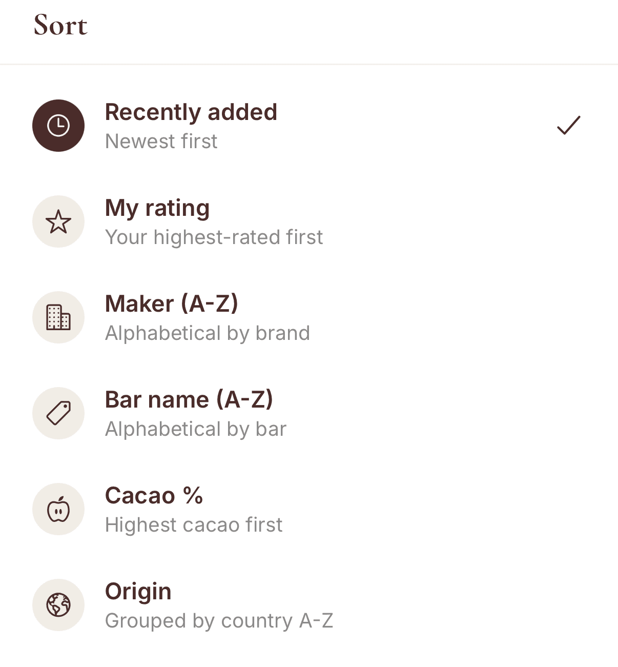Chof My Bars sort options: Recently added, My rating, Maker, Bar name, Cacao % and Origin