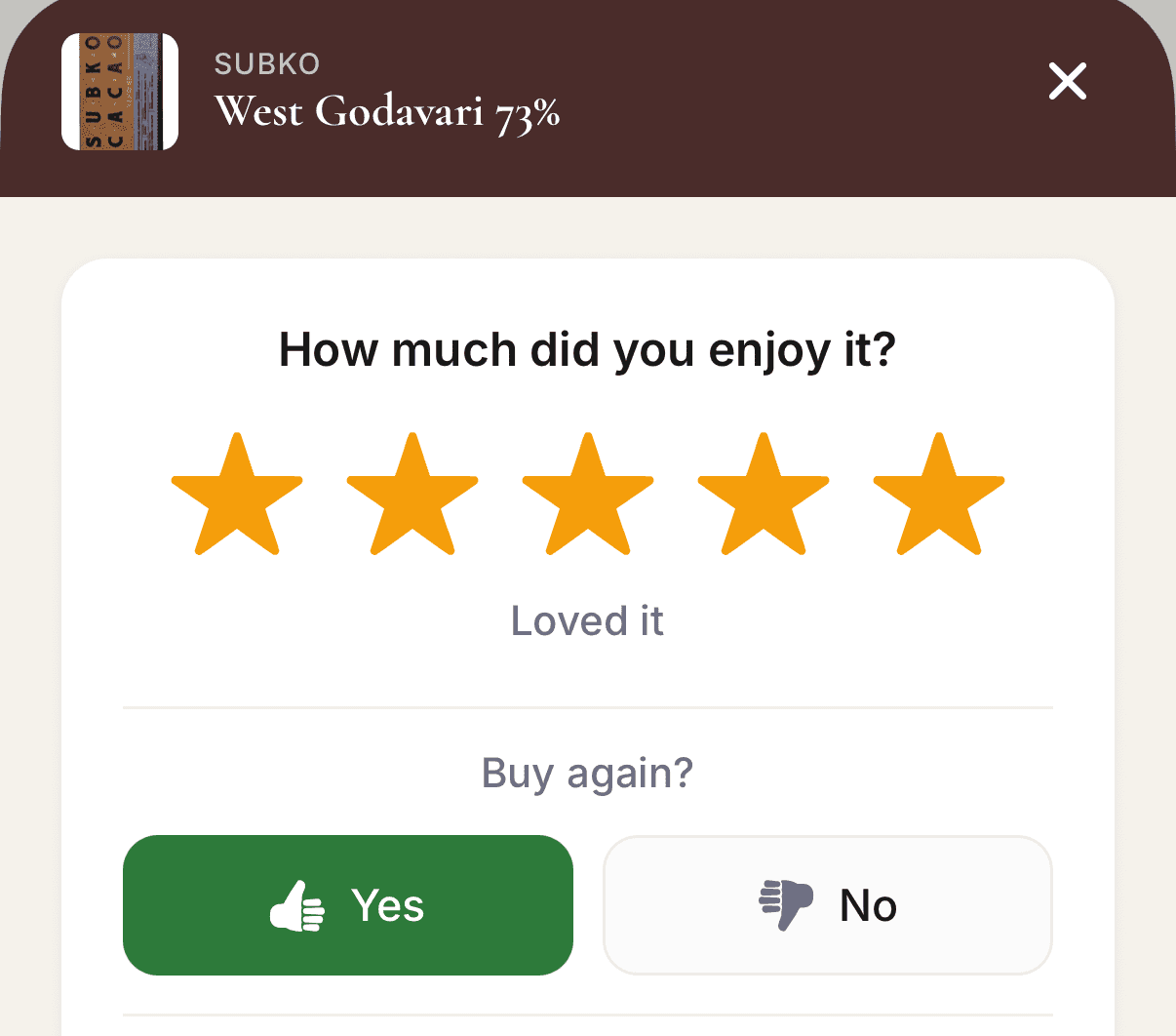 Chof rating sheet for Subko West Godavari 73% with five stars selected, labelled Loved it, and Yes chosen for Buy again
