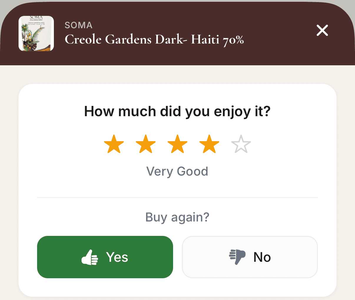 Chof rating sheet for SOMA Creole Gardens with four stars selected, labelled Very Good, and a Buy again choice