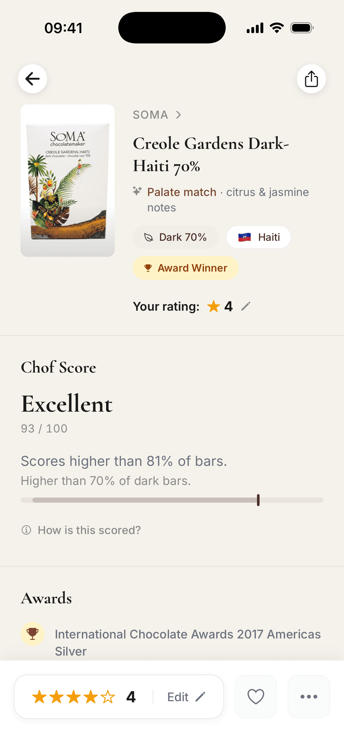 Chof result for SOMA Creole Gardens, Haiti 70%: Chof Score 93, Excellent, a four-star rating and an International Chocolate Awards silver medal