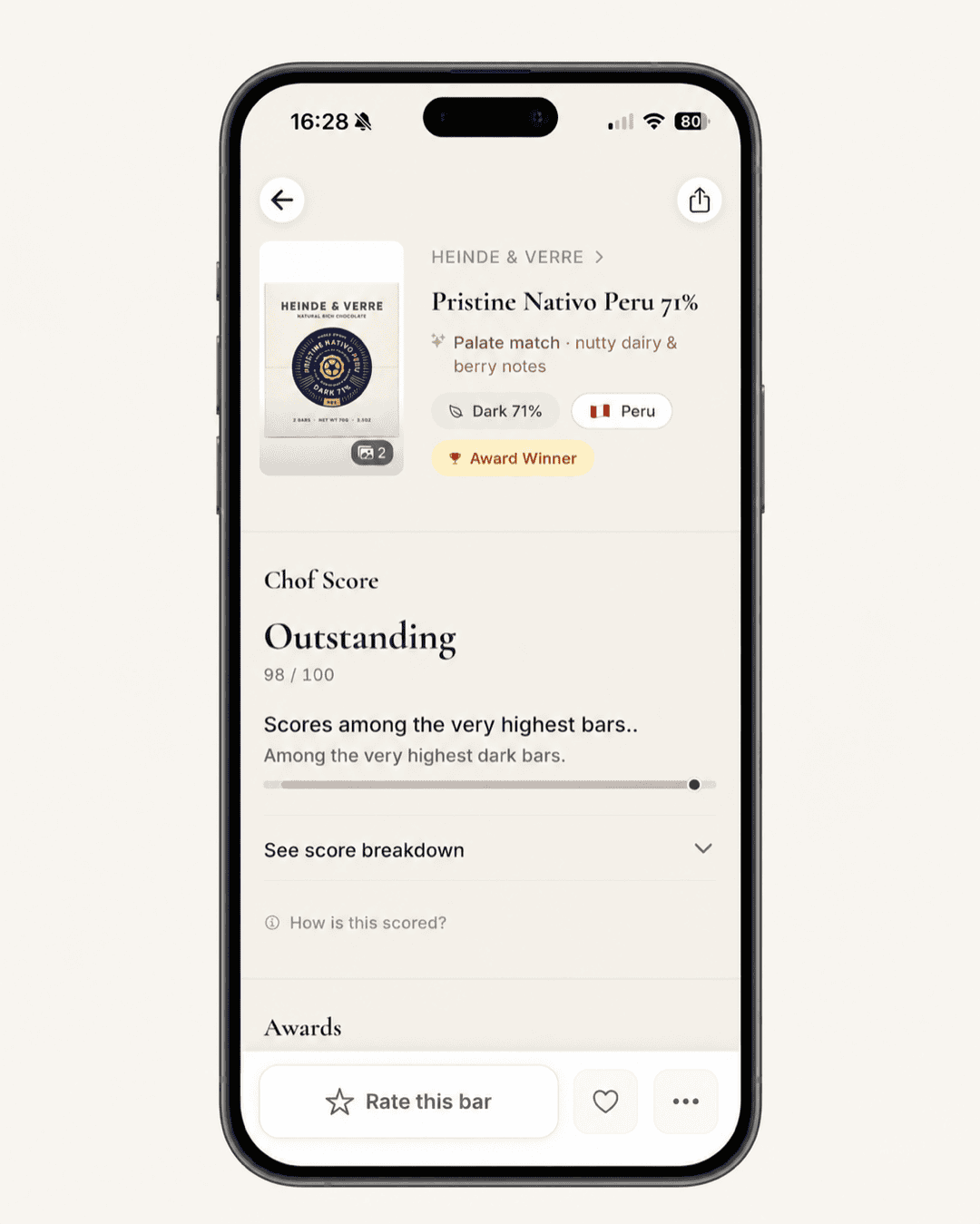 Chof app showing the bar detail page with a Chof Score of 98 out of 100