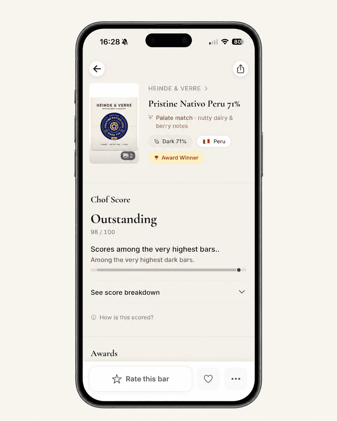 Chof app showing the bar detail page with a Chof Score of 98 out of 100