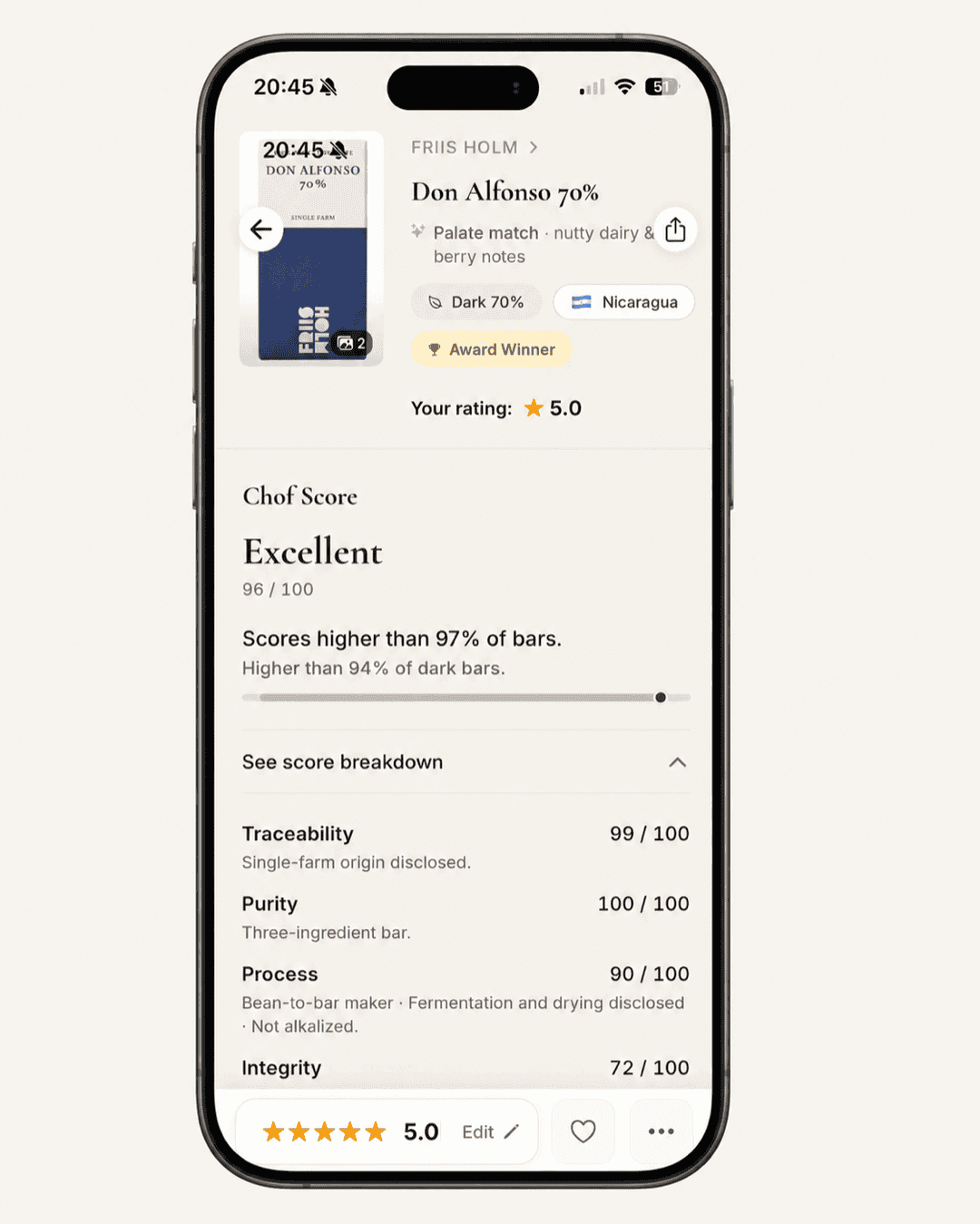 Chof app showing a high-scoring bar