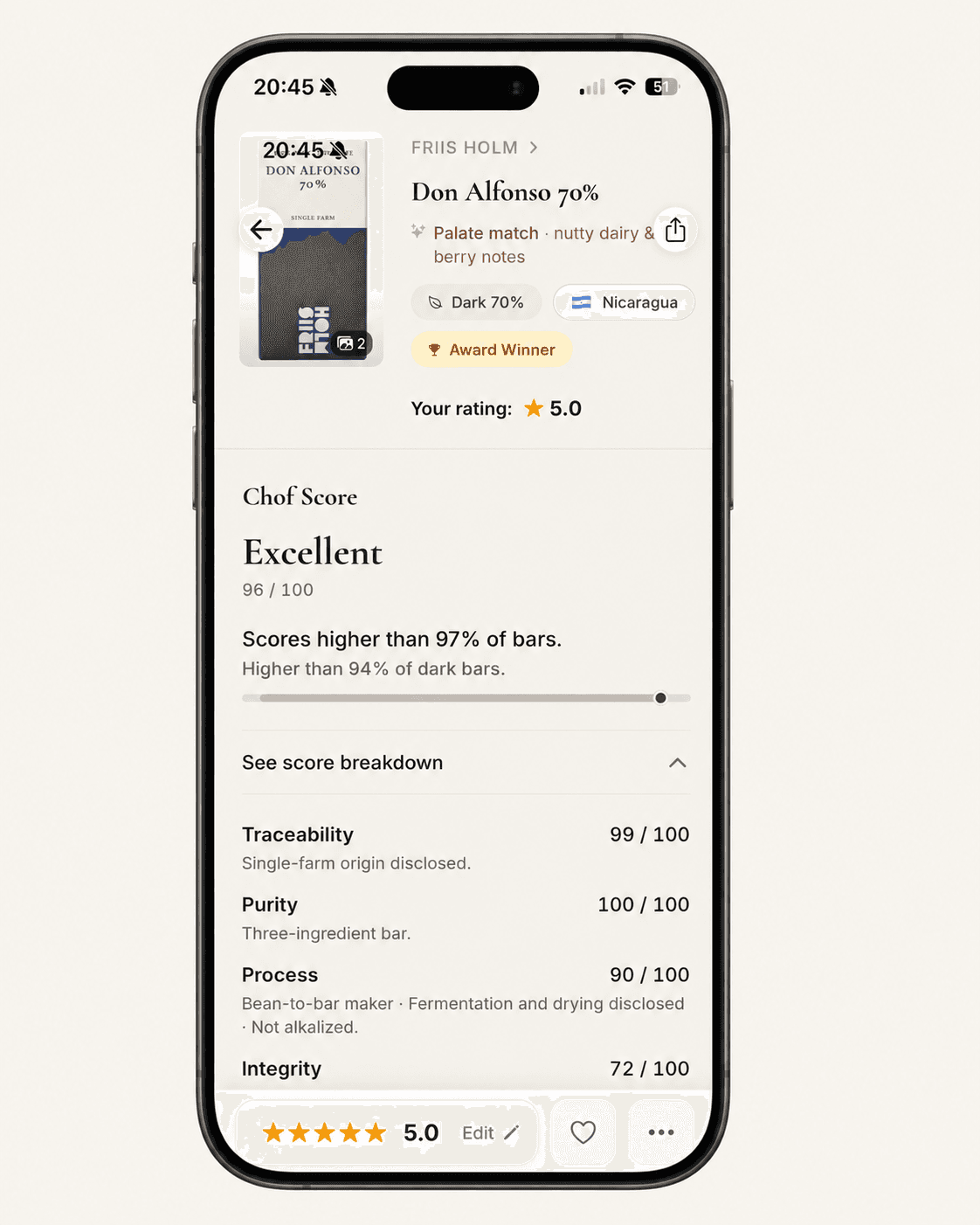 Chof app showing a high-scoring bar
