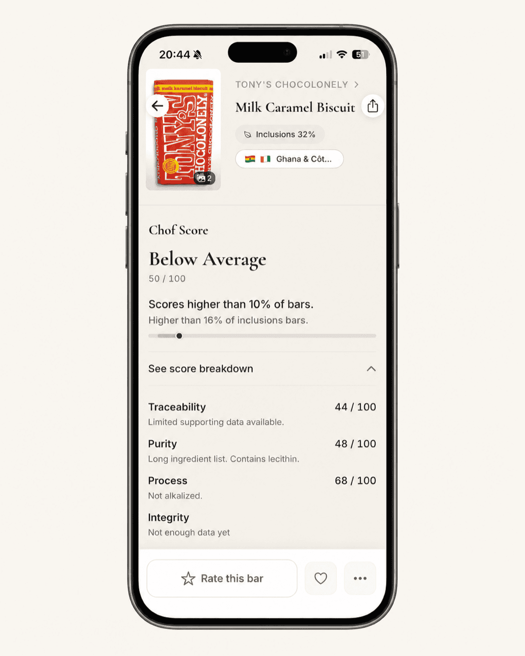 Chof app showing a lower-scoring bar