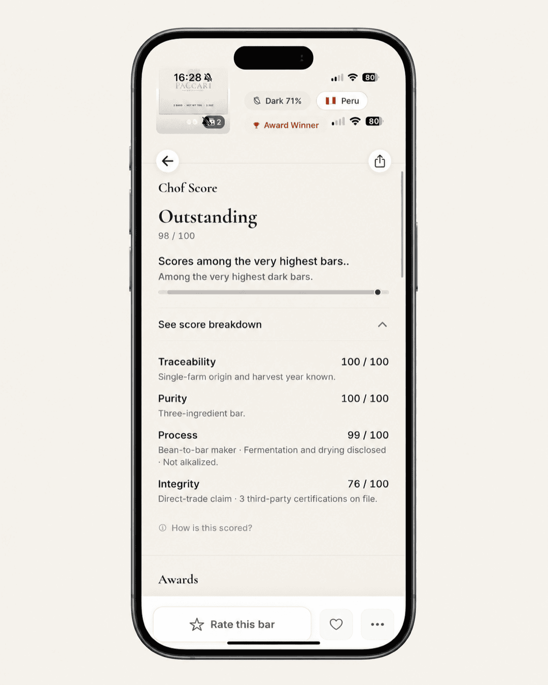 Chof app showing the four pillar breakdown for a bar