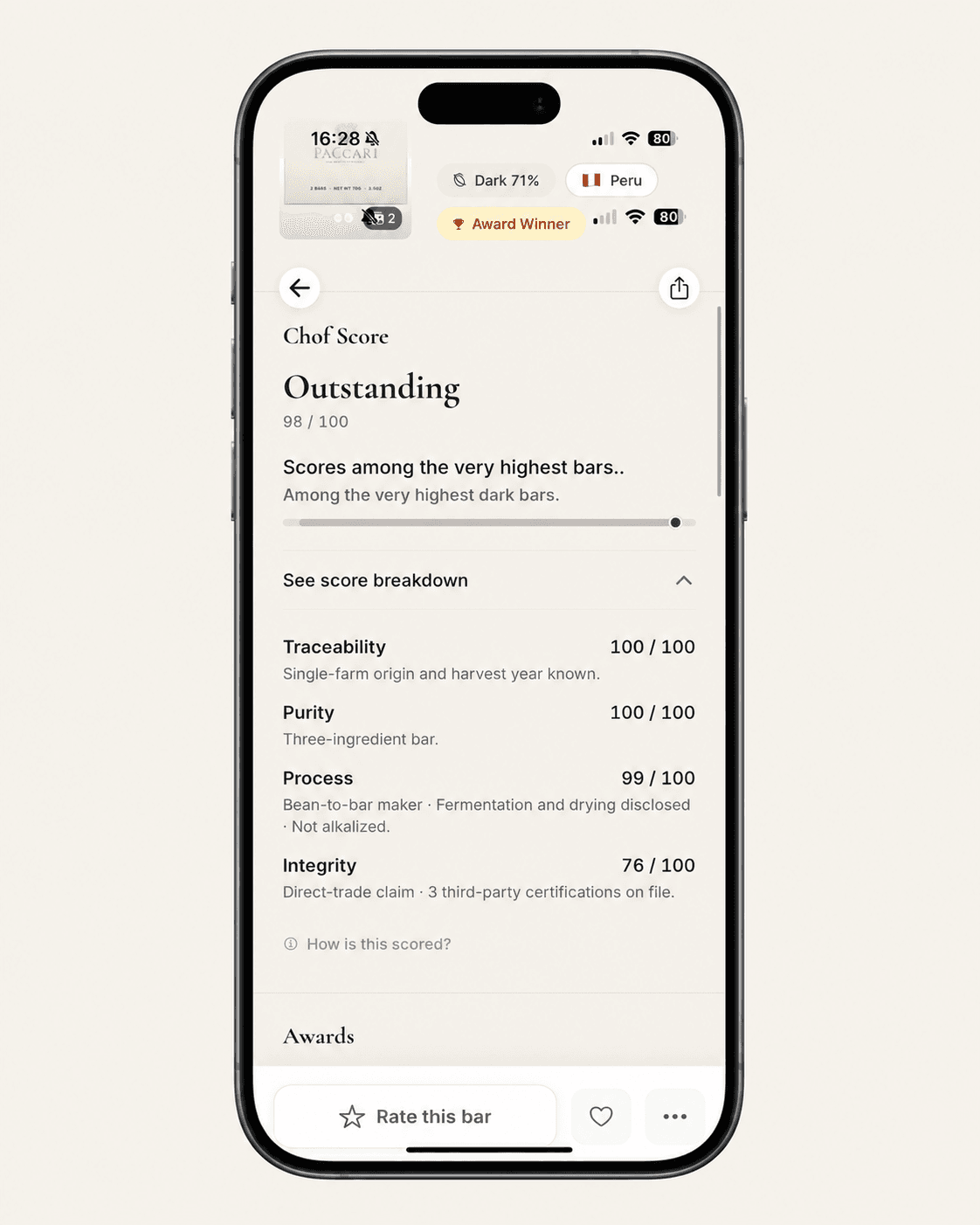 Chof app showing the four pillar breakdown for a bar