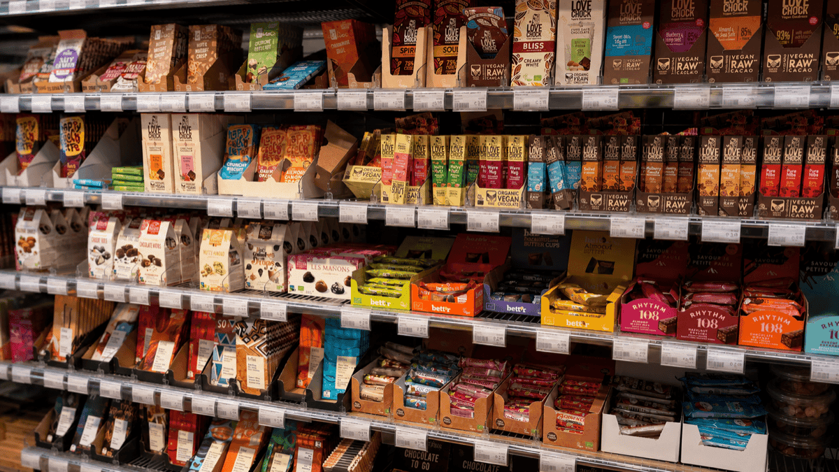 An organic supermarket chocolate aisle