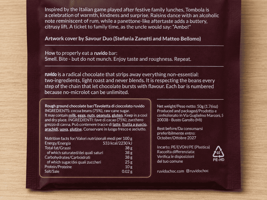 Ruvido Tombola 75% Mexico wrapper showing two ingredients