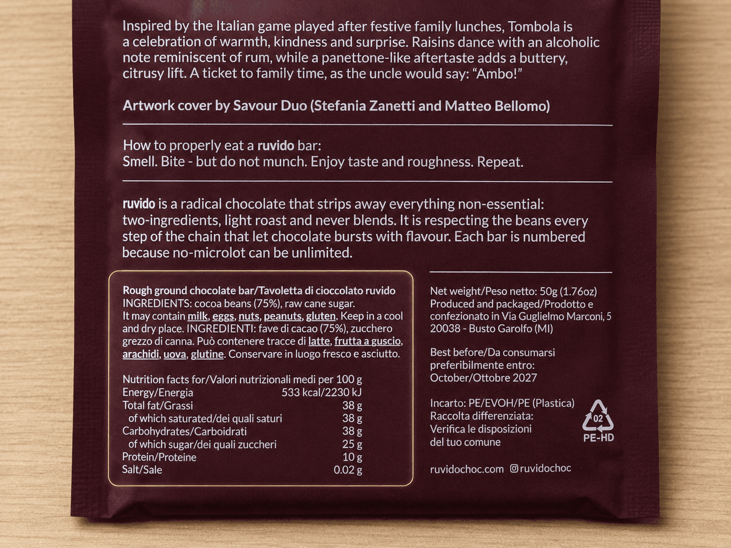Ruvido Tombola 75% Mexico wrapper showing two ingredients