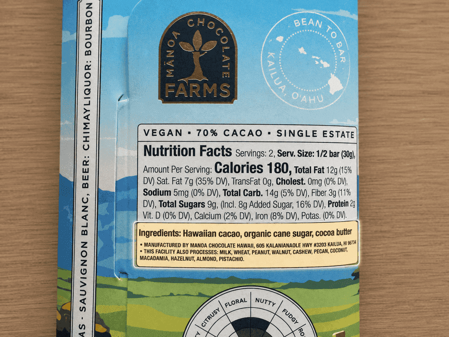 Mānoa Chocolate Kamananui Hawaii wrapper showing three ingredients
