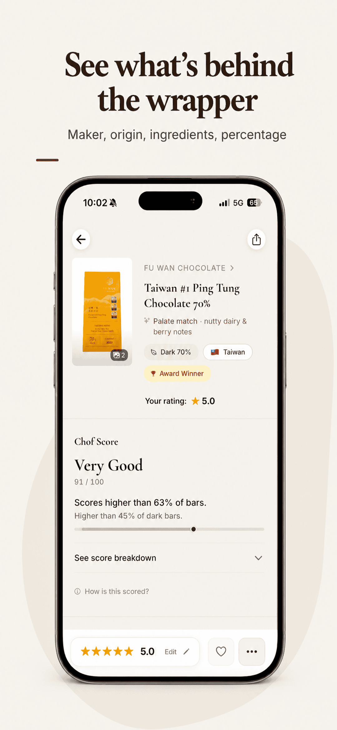 Chof app screen showing what is behind a chocolate bar wrapper