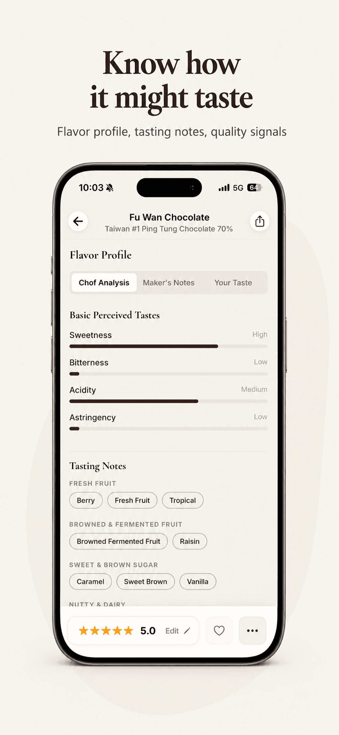 Chof app screen with predicted tasting notes for a chocolate bar