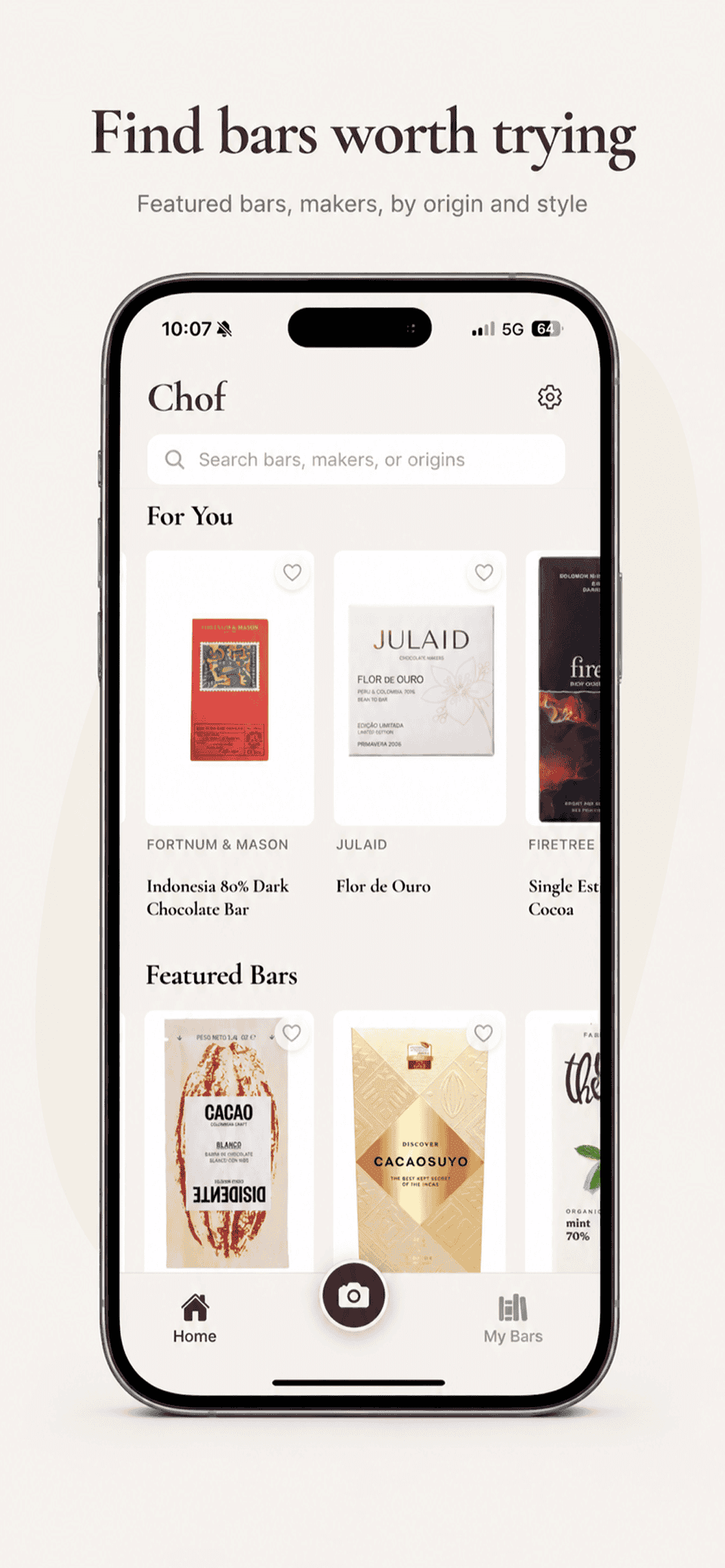 Chof app screen with personalised chocolate bar recommendations