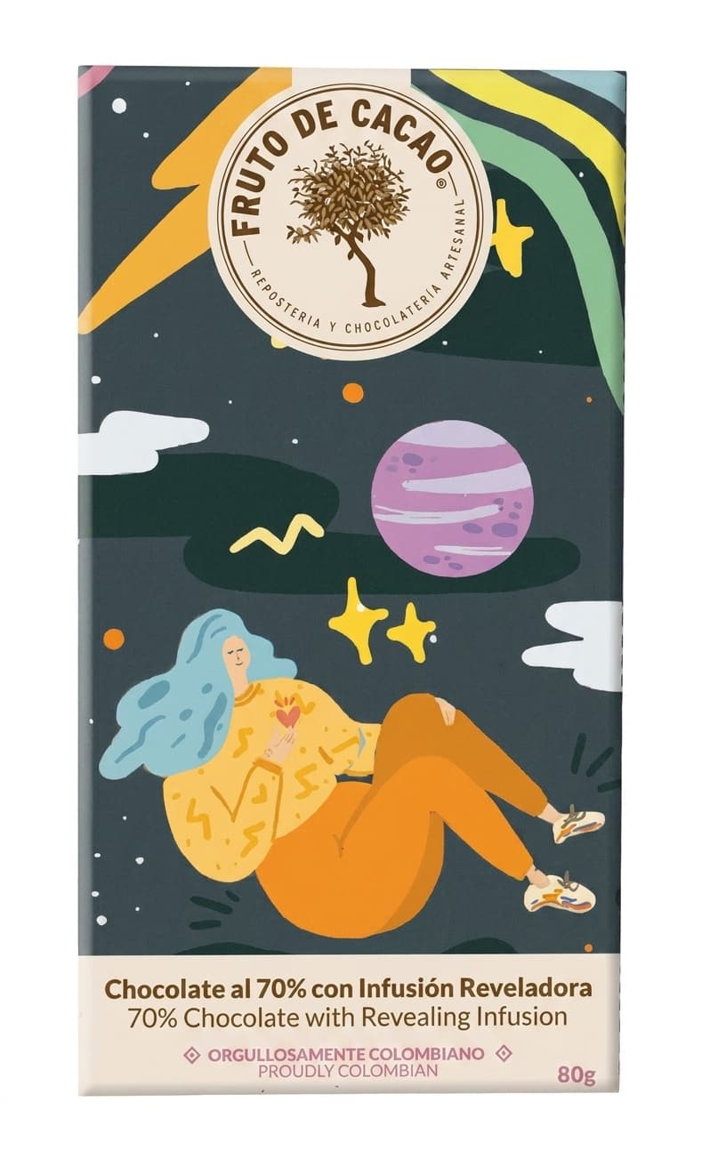 Infusión Reveladora 70% 70% dark bar packaging by Fruto de Cacao