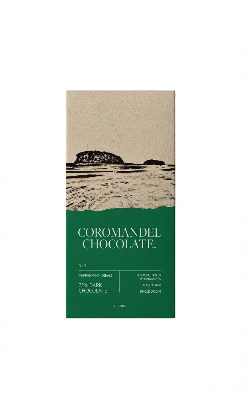 Peppermint Cream 72% 72% dark bar packaging by Coromandel Chocolate