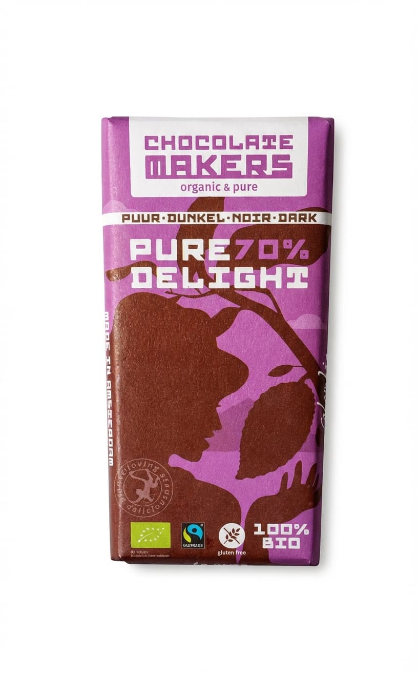 Pure Delight 70% dark bar packaging by Chocolate Makers