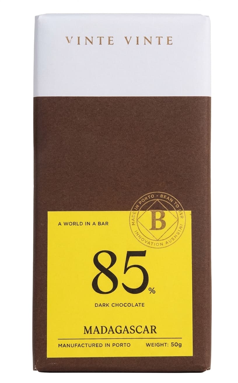 85% Dark Madagascar 85% dark bar packaging by Vinte Vinte