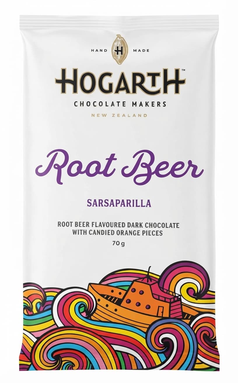 Root Beer 68% dark bar packaging by Hogarth