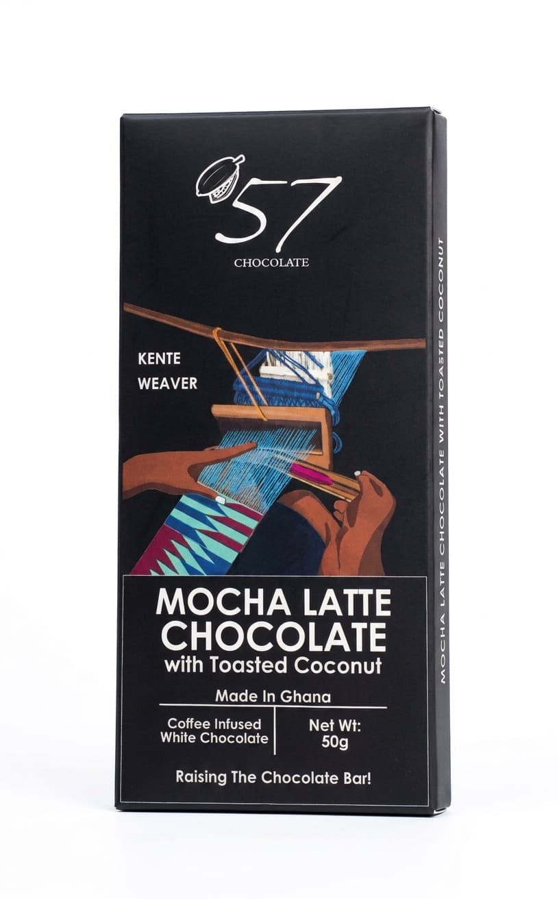 Mocha Latte Toasted Coconut null% white bar packaging by 57 Chocolate