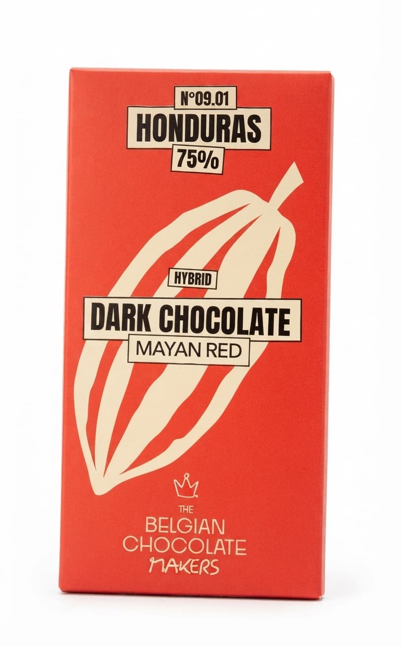Mayan Red 75% 75% dark bar packaging by The Belgian Chocolate Makers