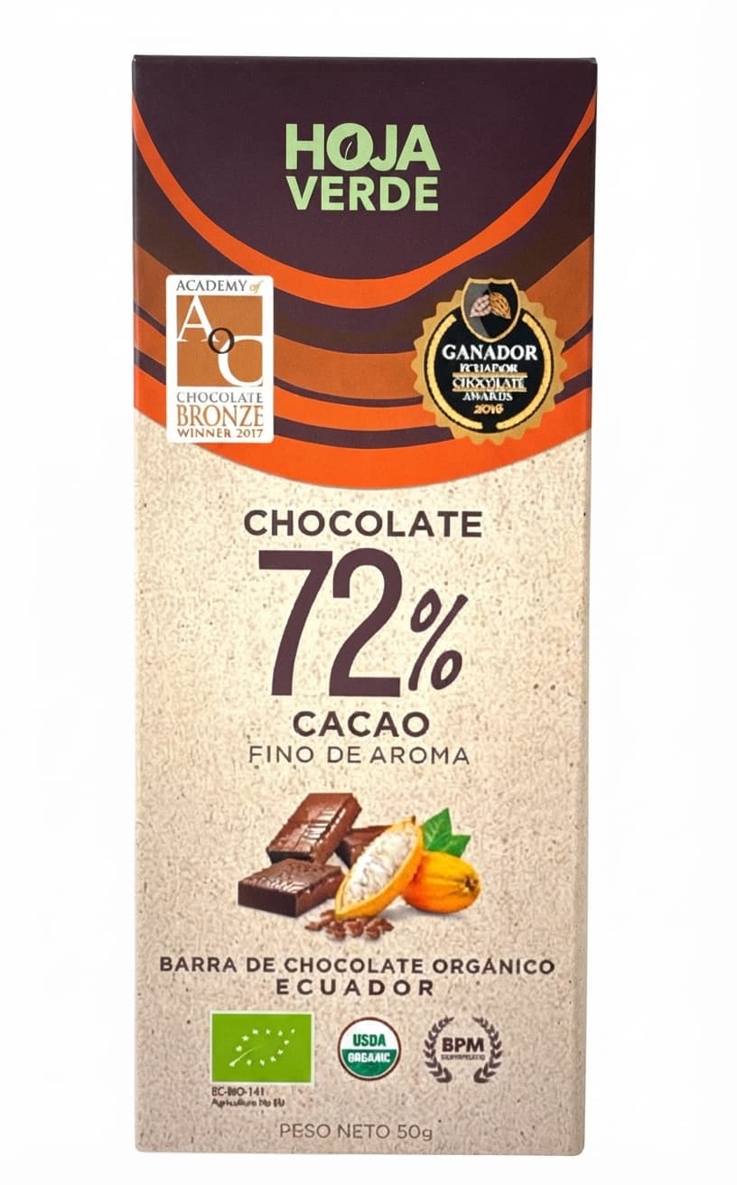 72% 72% dark bar packaging by Hoja Verde