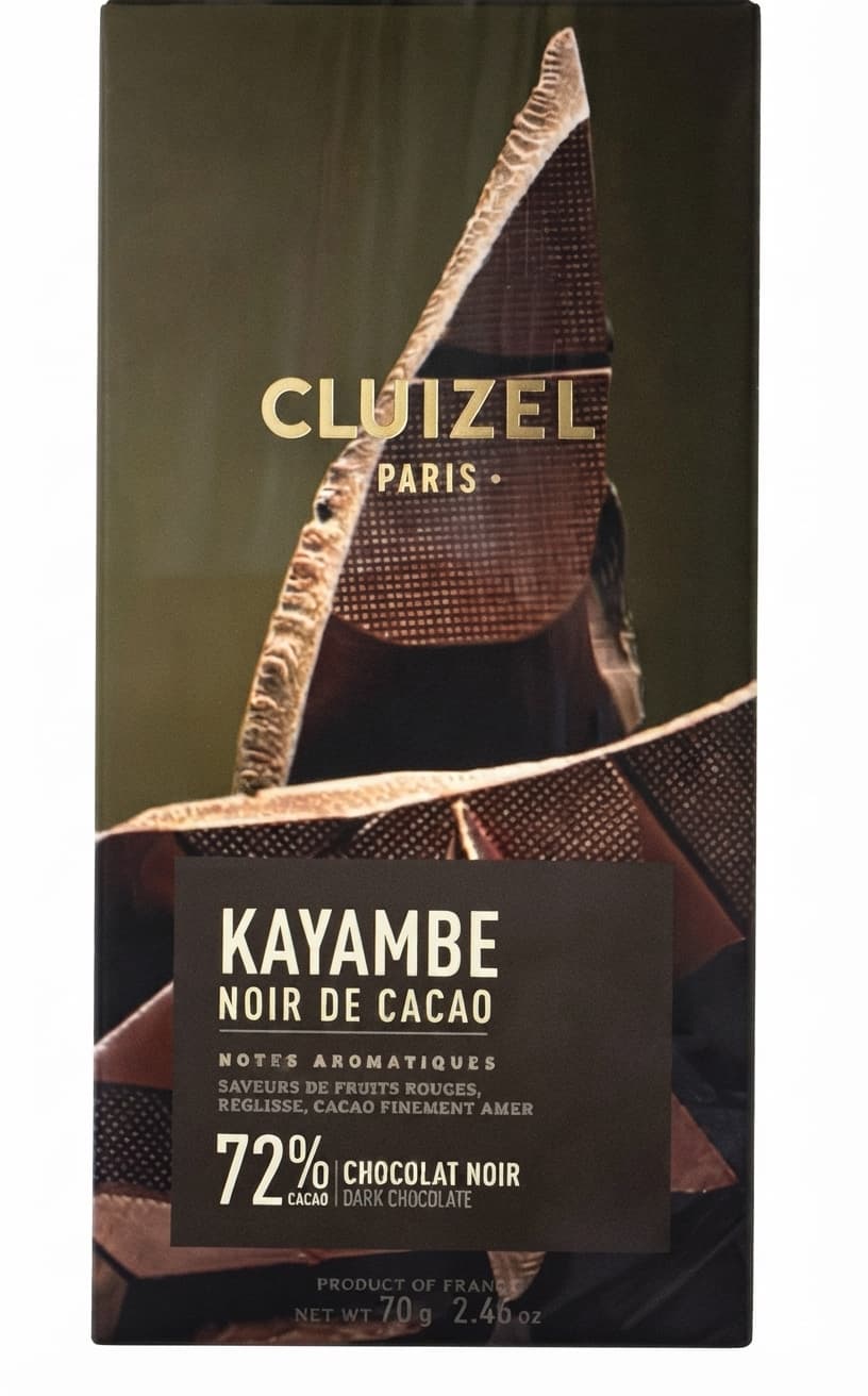 Kayambe Noir 72%, Liquorice 72% dark bar packaging by Cluizel