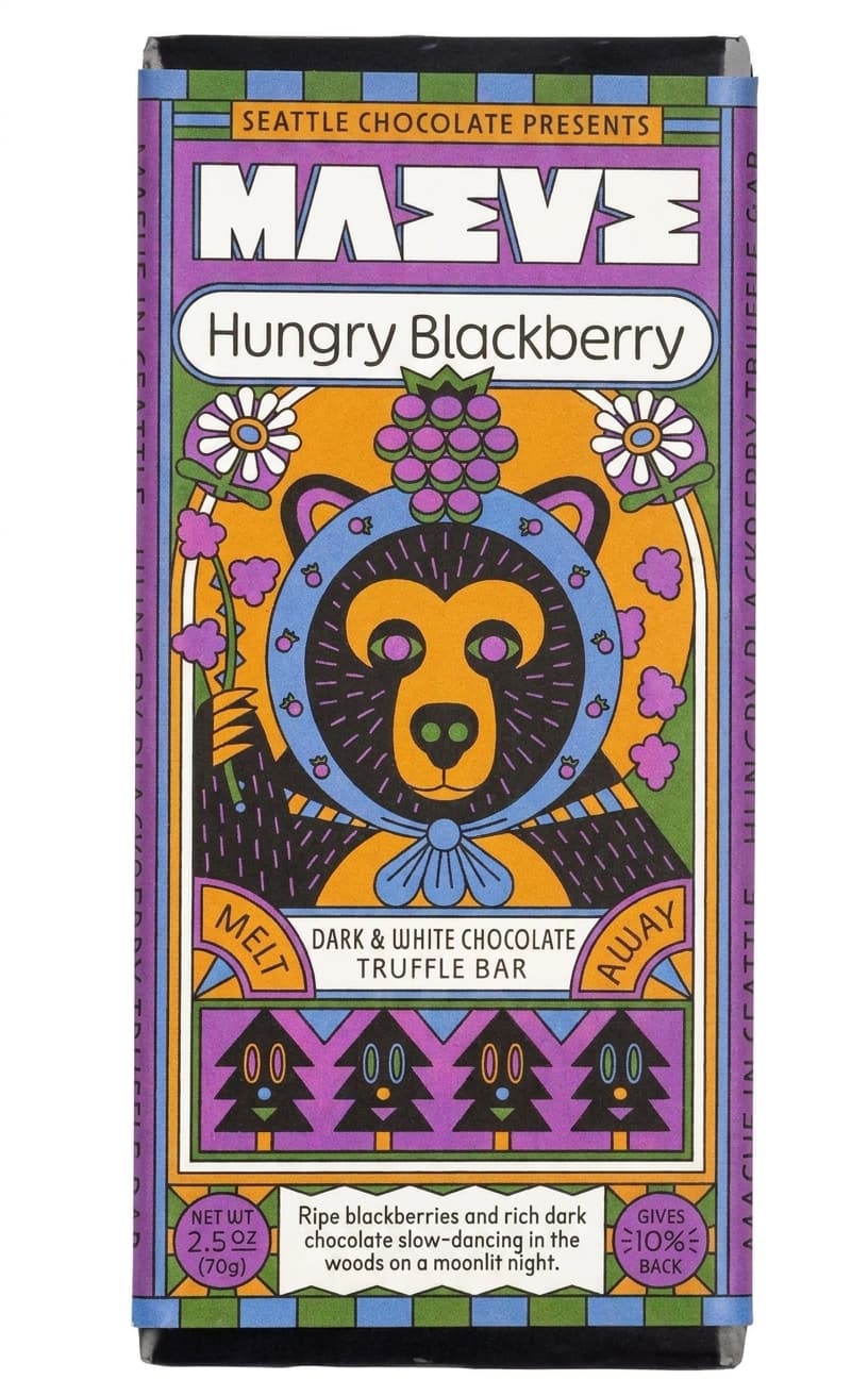 Hungry Blackberry null% milk bar packaging by Maeve Chocolate