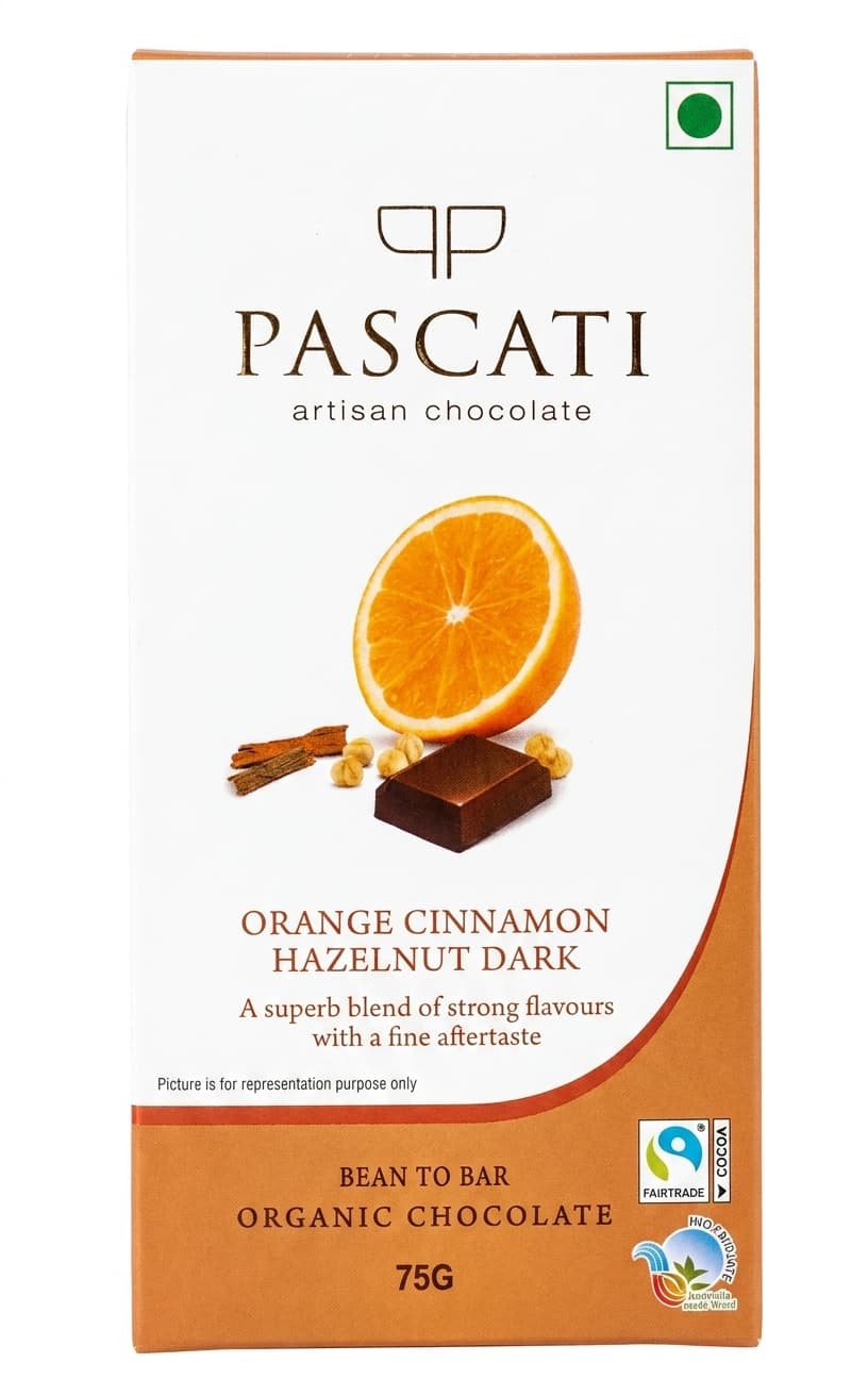 Orange Cinnamon Hazelnut 63% 63% dark bar packaging by Pascati