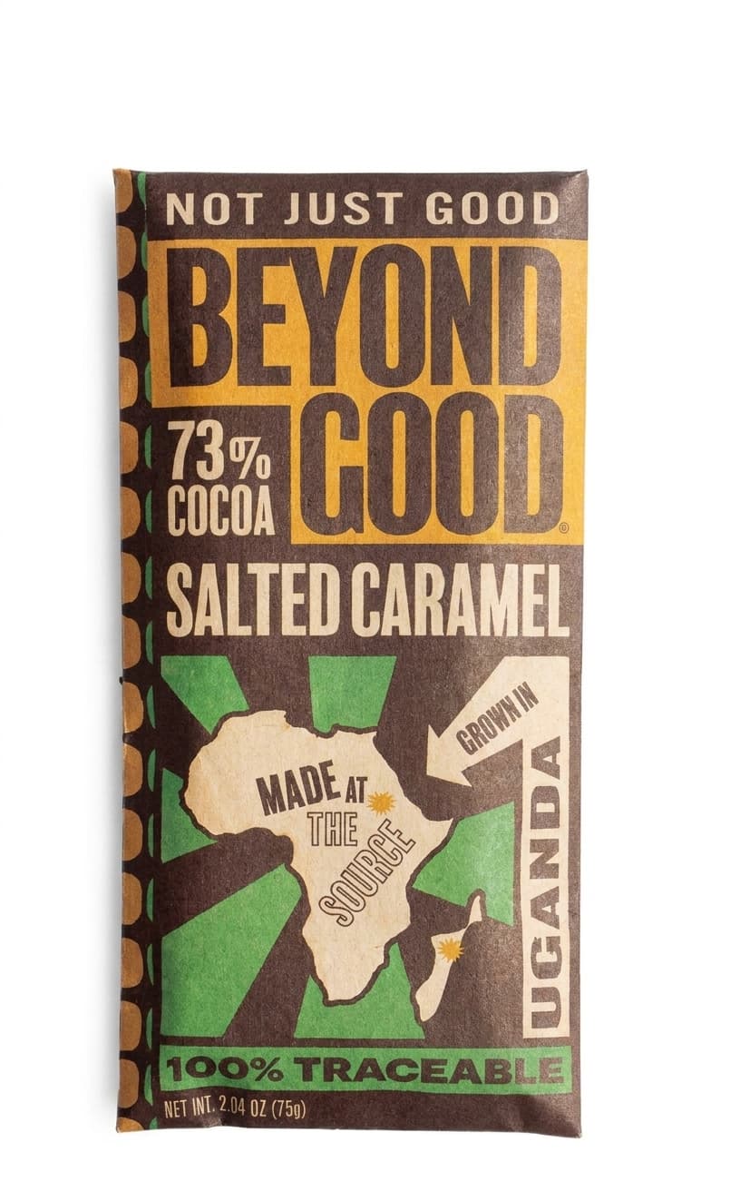 Salted Caramel 73% Cocoa 73% dark bar packaging by Beyond Good
