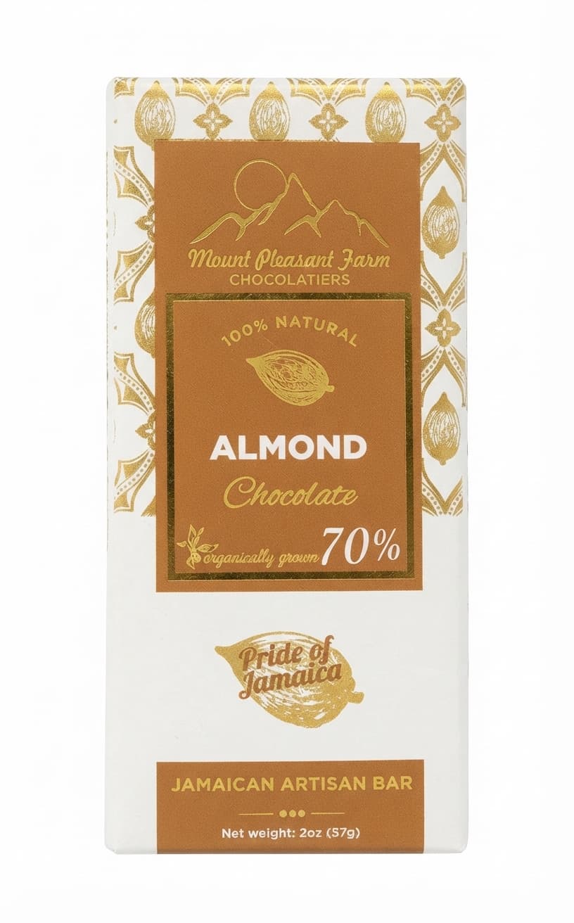 Almond 70% 70% dark bar packaging by Mount Pleasant Farm Chocolatiers
