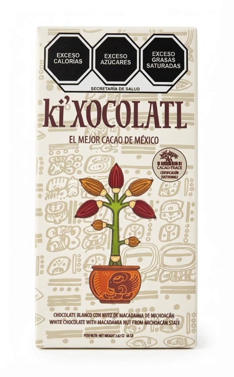 Macadamia null% white bar packaging by Ki'Xocolatl