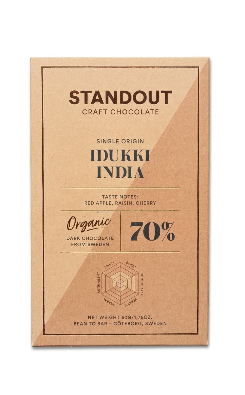 Idukki 70% dark bar packaging by Standout Chocolate