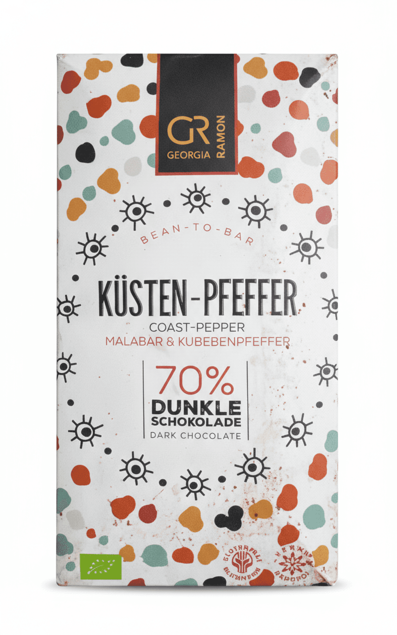 Coastal Peppers 70% dark bar packaging by Georgia Ramon