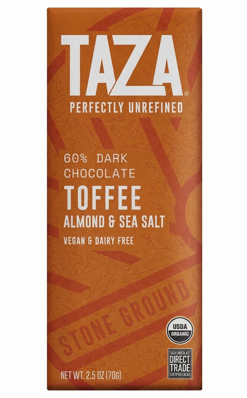 Toffee Almond & Sea Salt 60% 60% dark bar packaging by Taza