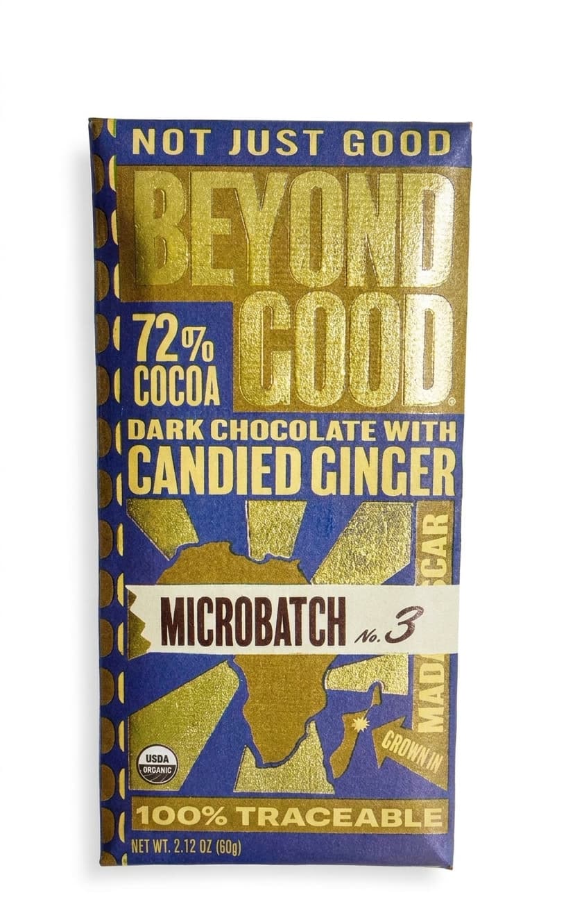 72% Cocoa Dark Chocolate with Candied Ginger 72% dark bar packaging by Beyond Good