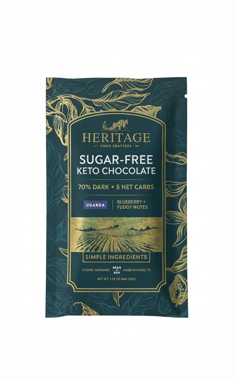 Sugar-Free Uganda 70% 70% dark bar packaging by Heritage Food Crafters