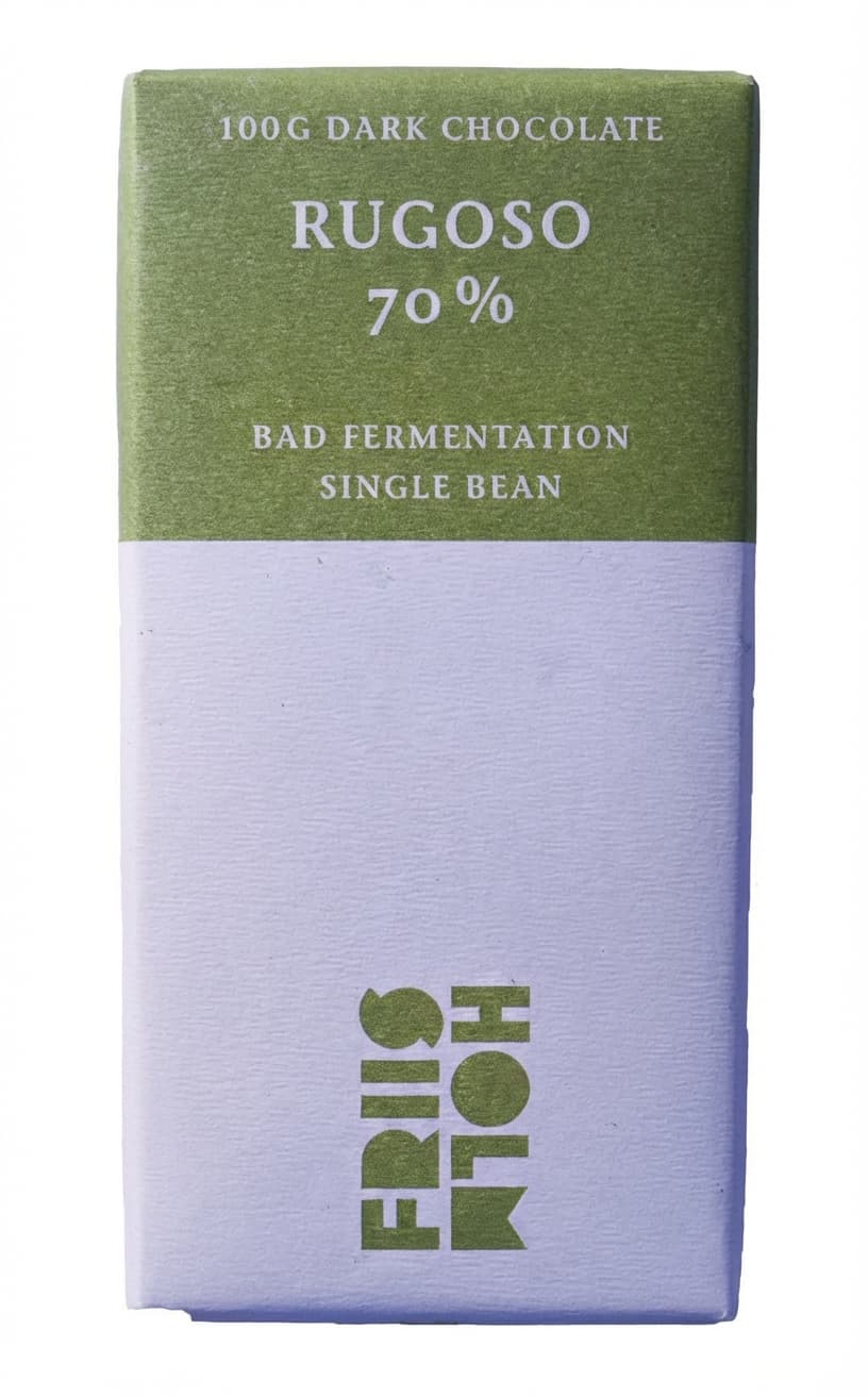 Rugoso 70% Bad Fermentation 70% dark bar packaging by Friis Holm