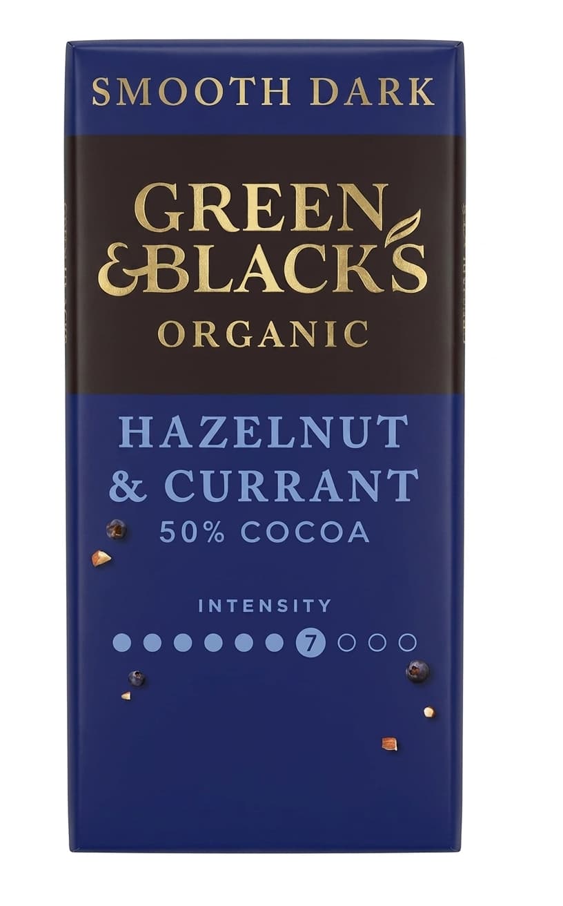 Hazelnut & Currant 50% 50% dark bar packaging by Green & Black's