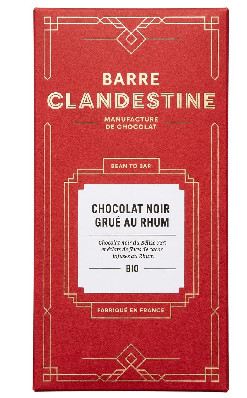 Chocolat Noir Grué au Rhum 73% dark bar packaging by Barre Clandestine