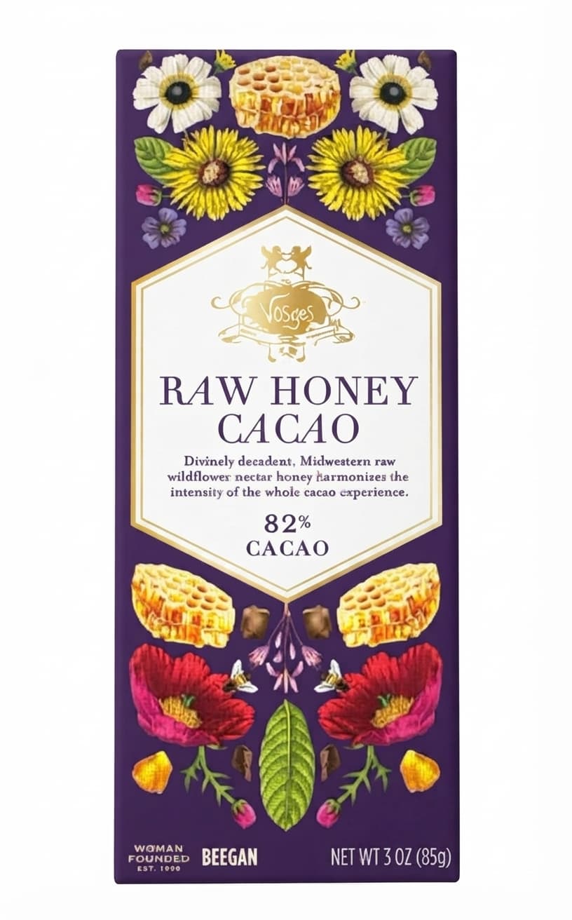 Raw Honey Cacao 82% 82% dark bar packaging by Vosges