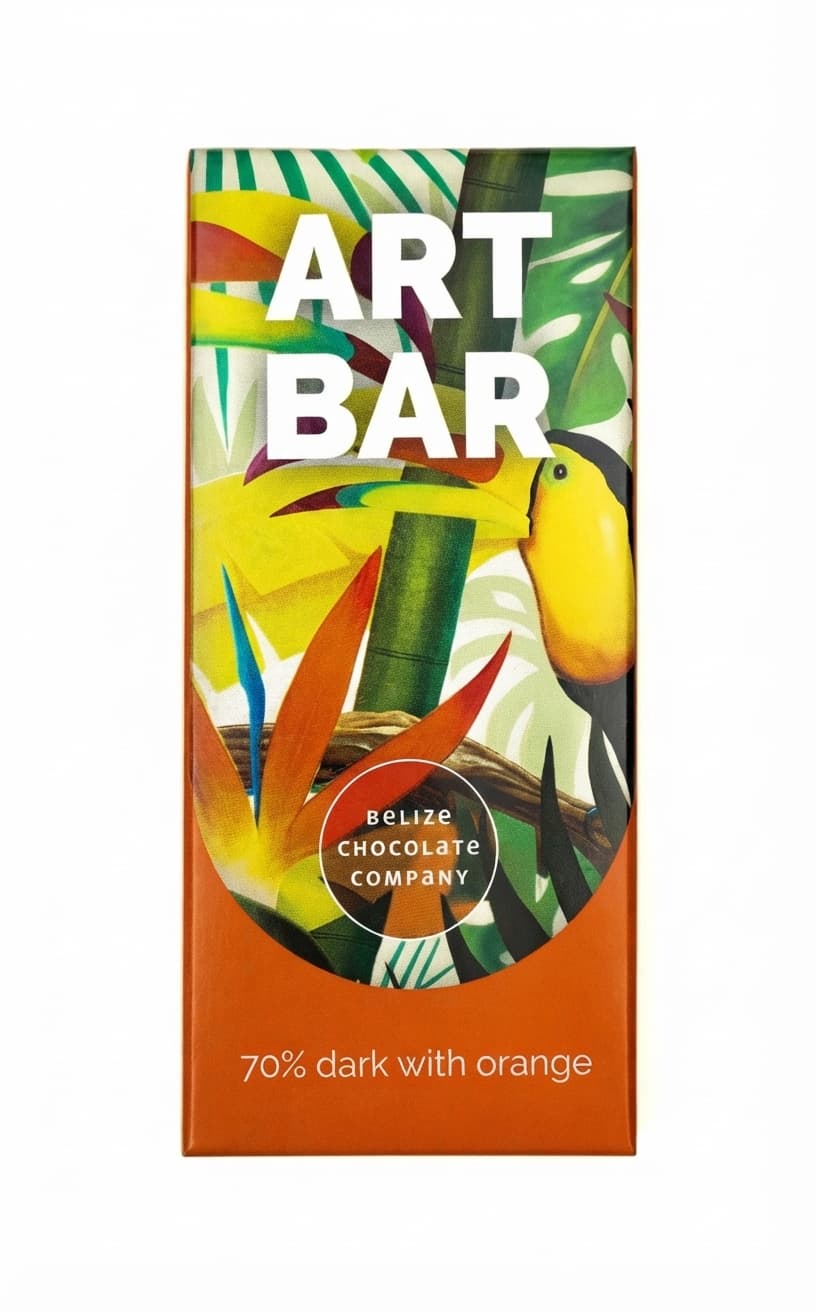 Art Bar Orange 70% 70% dark bar packaging by Belize Chocolate Company