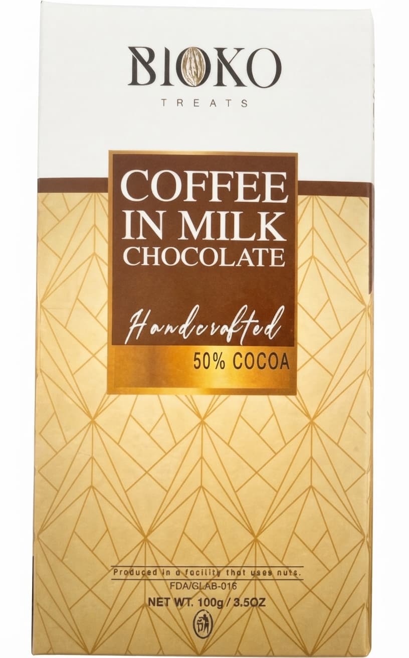 Coffee 50% 50% milk bar packaging by Bioko Treats