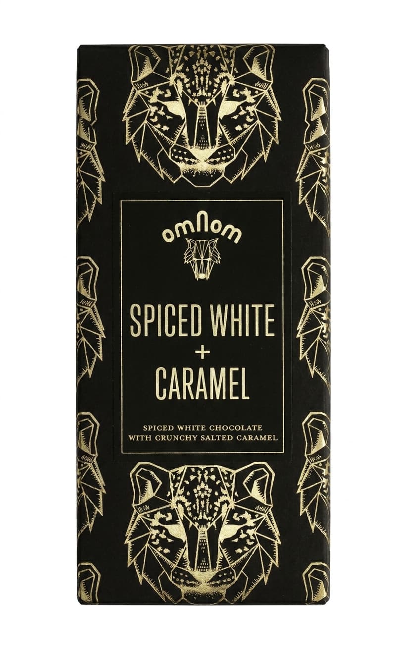 Spiced White and Caramel 32% white bar packaging by Omnom