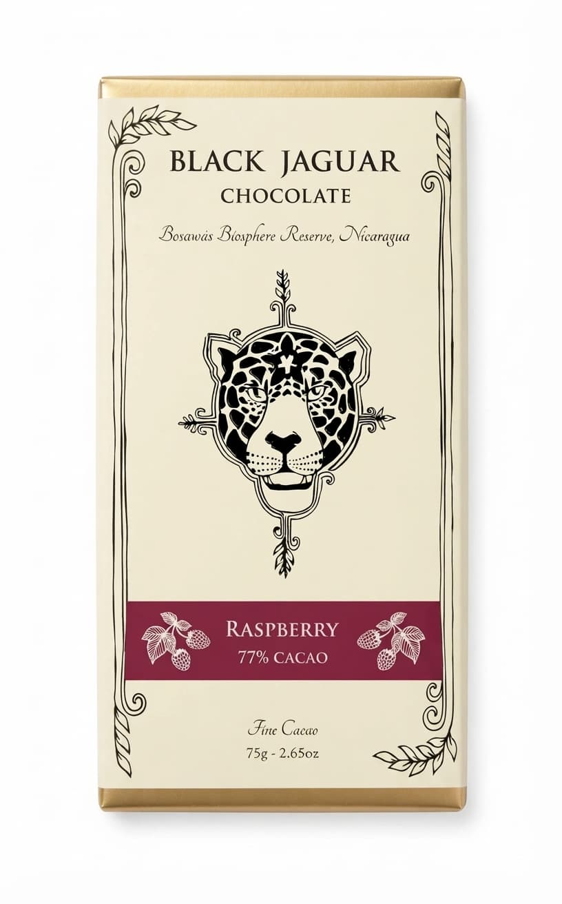 Raspberry 77% 77% dark bar packaging by Black Jaguar Chocolate