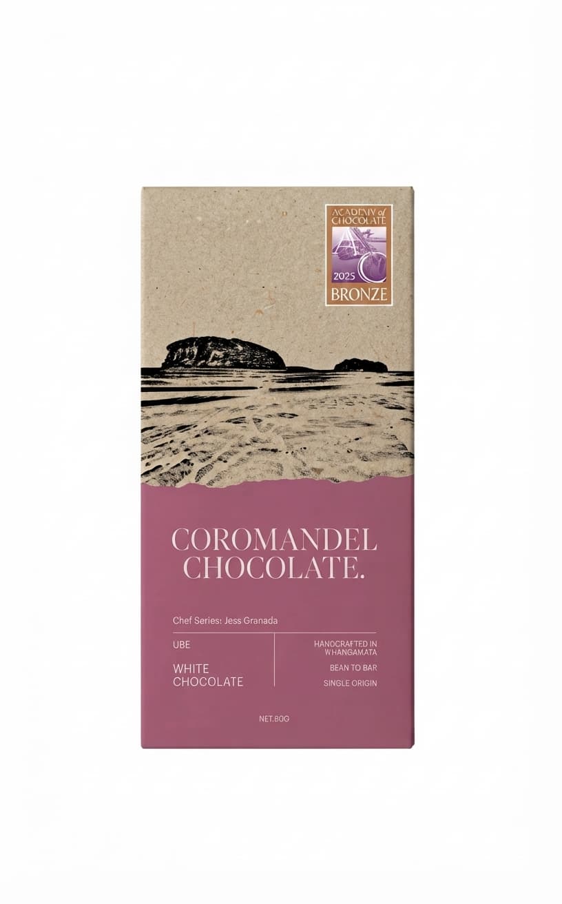 Ube White null% white bar packaging by Coromandel Chocolate